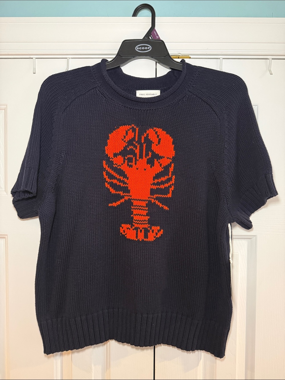 Women's Navy Short-Sleeve Crew Sweater with Orange Lobster Motif